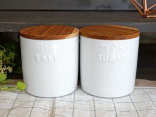 SHIKIKA】保存容器 キャニスター 木蓋 (チーク) 灰白 墨 陶器 SHIKIKA】保存容器 キャニスター 木蓋 (チーク) 灰白 墨 陶器