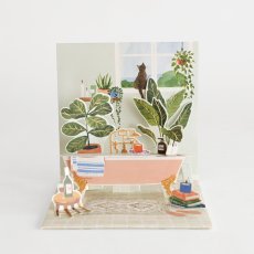 画像1: ネコポス対応【UP WITH PAPER】BATHTUB リラックスタイム　（バスタイム・猫・キャンドル・ワイン・読書）カード　ポップアップカード ギフト　13.5cm X 13.5cm　Design in USA (1)