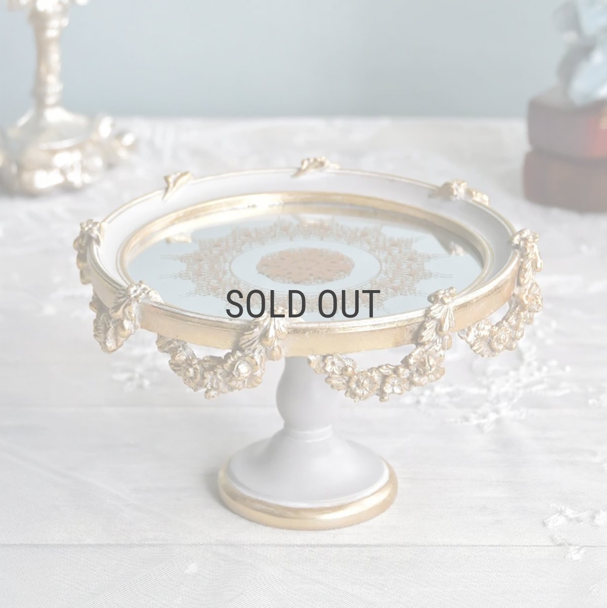 画像1: 【HM】フラワーガーランド　ミラートレイ　スタンド　グレイ　φ19.5cm×H12cm　アンティーク調 (1)