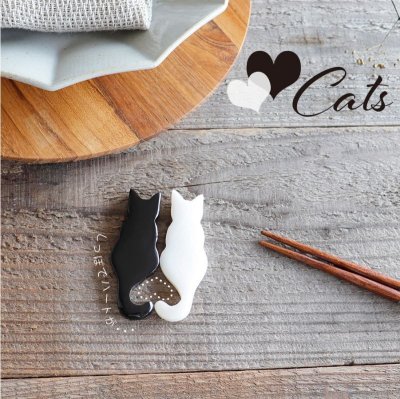 画像1: 【Pearl Collection】親子猫セット　箸置き　カトラリーレスト　大きな猫　ねこ　黒猫　ネコ　黒水牛　水牛角　シェル　貝