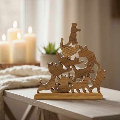 画像1: 【TEAK WOOD】Cat Stack Tower キャットスタックタワー 20pcs set Natural Black 木製 オブジェ 積み木 猫