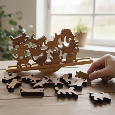画像1: 【TEAK WOOD】Cat stack tower キャットスタックタワー 10pcs set Natural Black 木製 オブジェ 積み木 猫