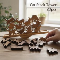 画像1: 【TEAK WOOD】Cat Stack Tower キャットスタックタワー 20pcs set Natural Black 木製 オブジェ 積み木 猫 (1)