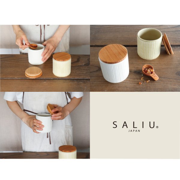 SALIU】キャニスター SA00 しのぎ チーク材 削ぎ 木蓋 陶器 LOLO ロロ
