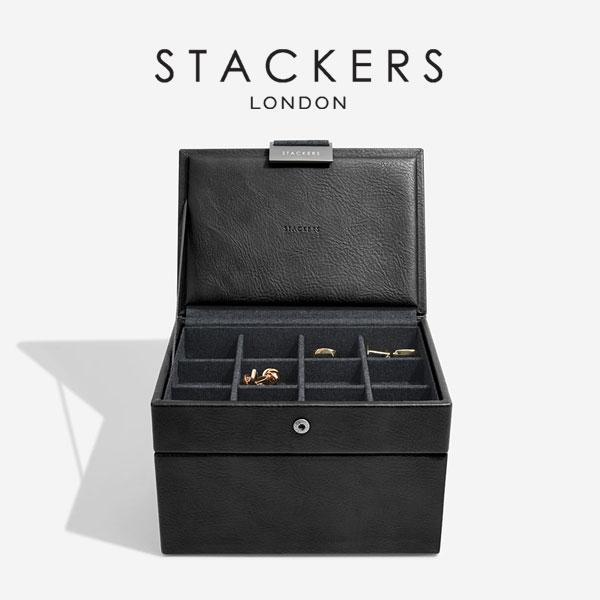 【STACKERS】ミニ ジュエリーボックス2セット　ブラック　ウォッチ＆カフスリンク　Mini　Black Mini Watch &  Cufflink Box　スタッカーズ　ジュエリーケース　重ねる　重なる　アクセサリーケース　イギリス　ロンドン　ジュエリー　アクセサリー　ケース　収納