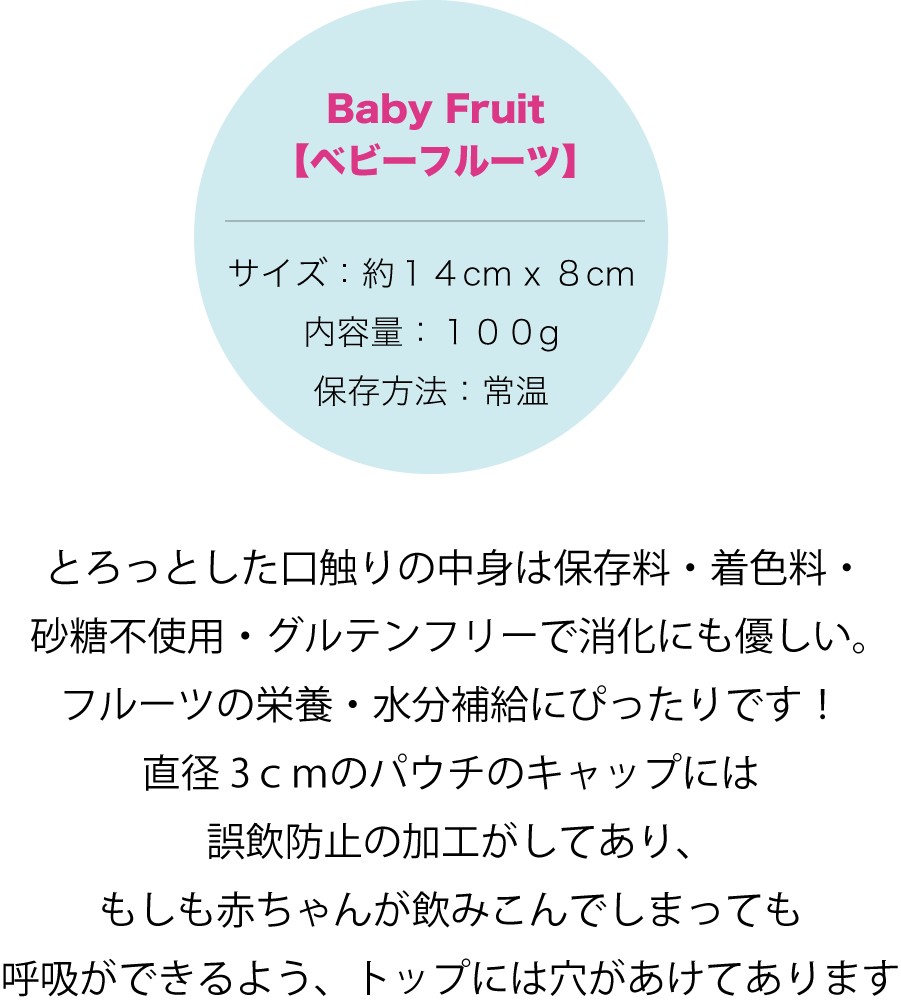 Baby Fruit 【ベビーフルーツ】 サイズ：約１４cm x ８cm 内容量：１００g 保存方法：常温