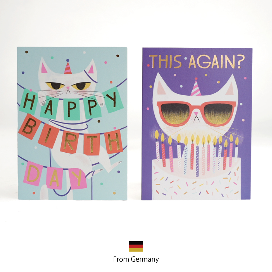 画像1: 【Klang & Kleid】Birthday Cat   バースデーキャット (また？・からまる)　バースデーカード  箔押しカード　封筒付  誕生日カード　Allison Black  Lagom Design  ギフト　約11cm X 15cm　Design in UK 　EU印刷　ネコポス対応 (1)