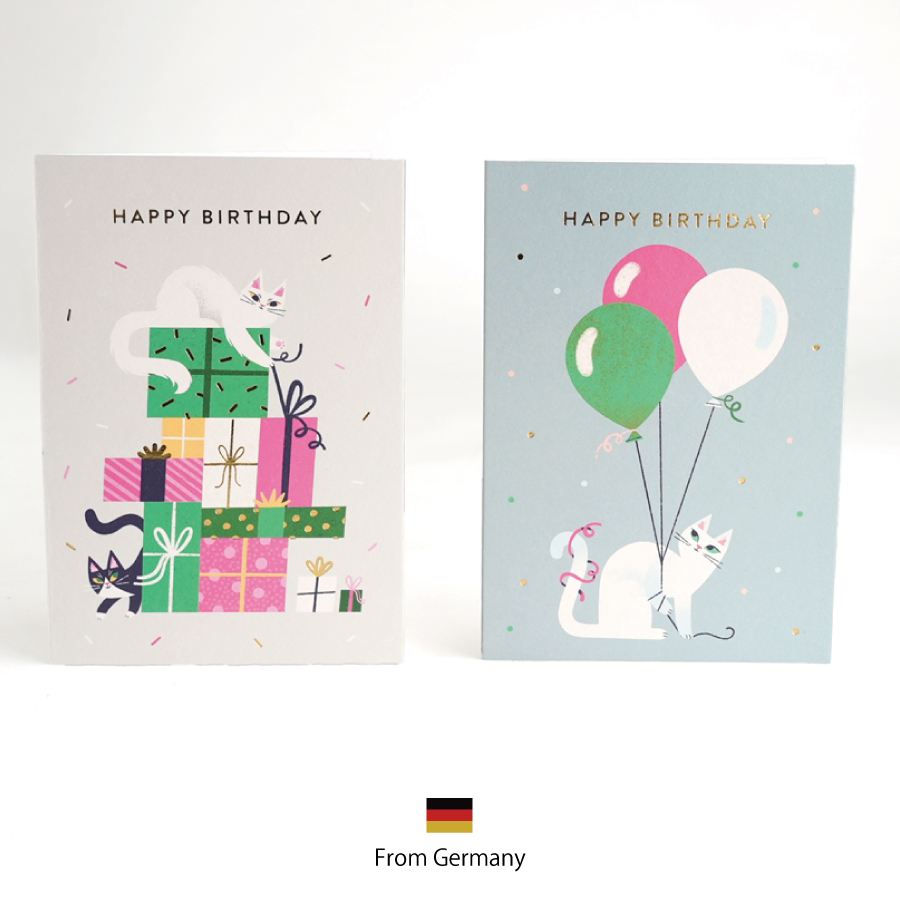 画像1: 【Klang & Kleid】Birthday with cat   猫と誕生日　バースデーカード  箔押しカード　封筒付  誕生日カード　Essi Kimpimaki  Lagom Design  ギフト　約11cm X 15cm　Design in UK 　EU印刷　ネコポス対応 (1)