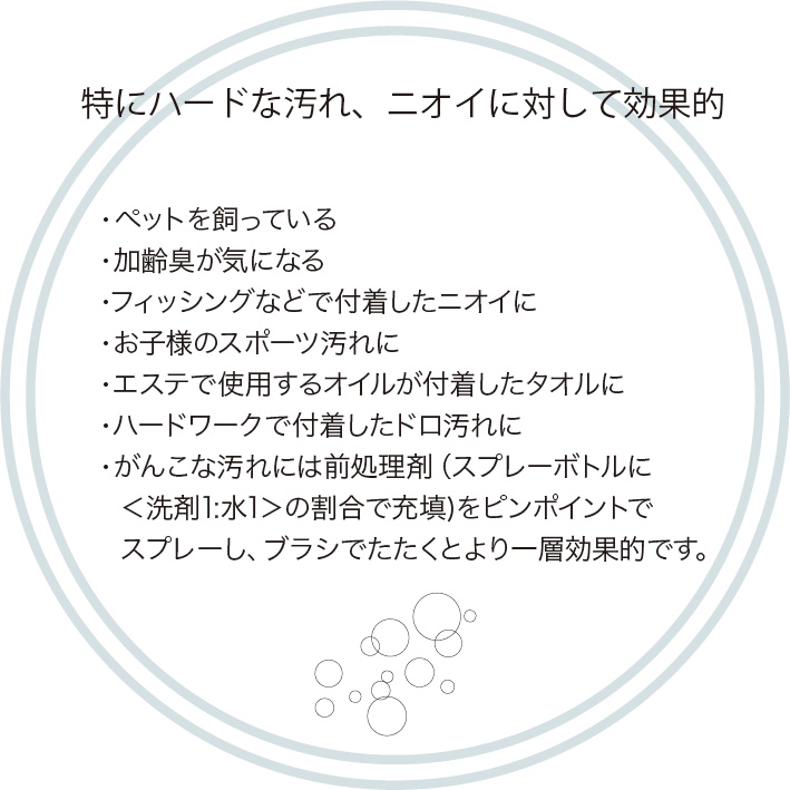 ・ペットを飼っている
        ・加齢臭が気になる
        ・フィッシングなどで付着したニオイに
        ・お子様のスポーツ汚れに
        ・エステで使用するオイルが付着したタオルに
        ・ハードワークで付着したドロ汚れに
        ・がんこな汚れには前処理剤（スプレーボトルに
        　＜洗剤1:水1＞の割合で充填)をピンポイントで
        　スプレーし、ブラシでたたくとより一層効果的です。