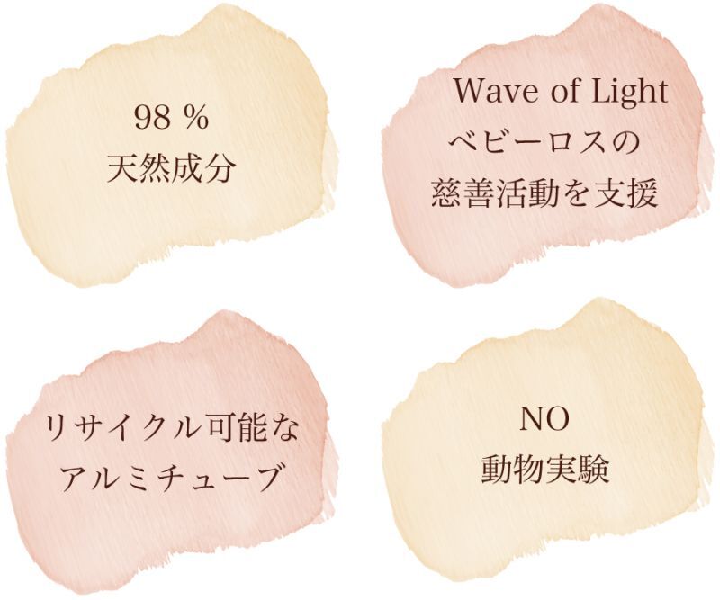 98%天然成分, wave of light ベビーロスの慈善活動を支援,リサイクル可能なアルミチューブ,NO動物実験