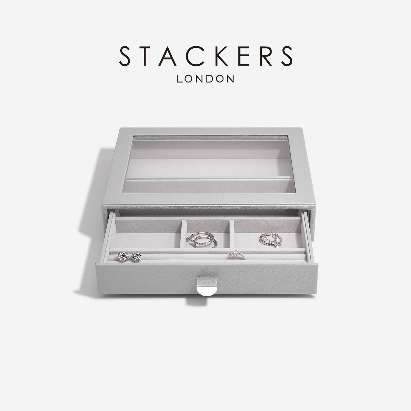 【STACKERS】クラシック　ドロワー ジュエリーケース  リッド　Lid  ペブル　グレー　Grey　天窓　引き出し　スタッカーズ